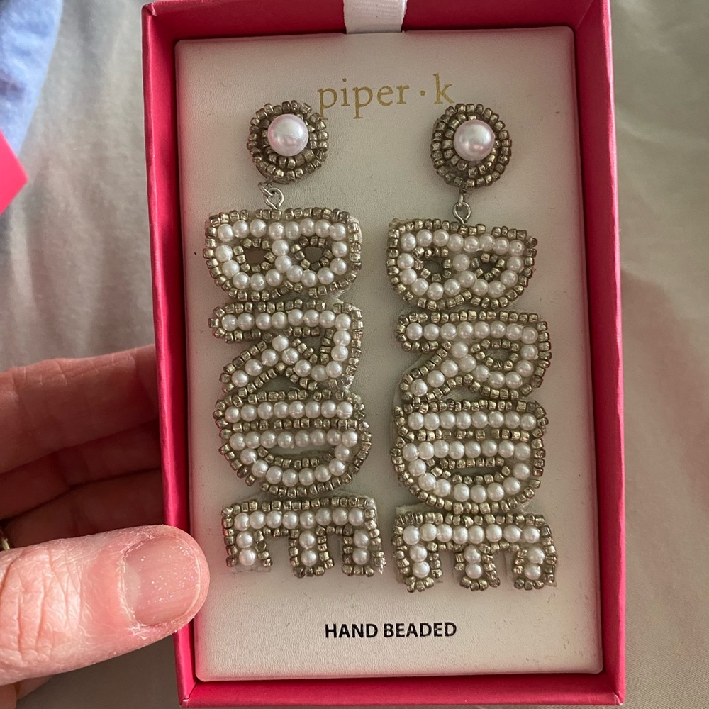 piper.k White Pearl 'BRIDE' Hand-Beaded Drop Earrings